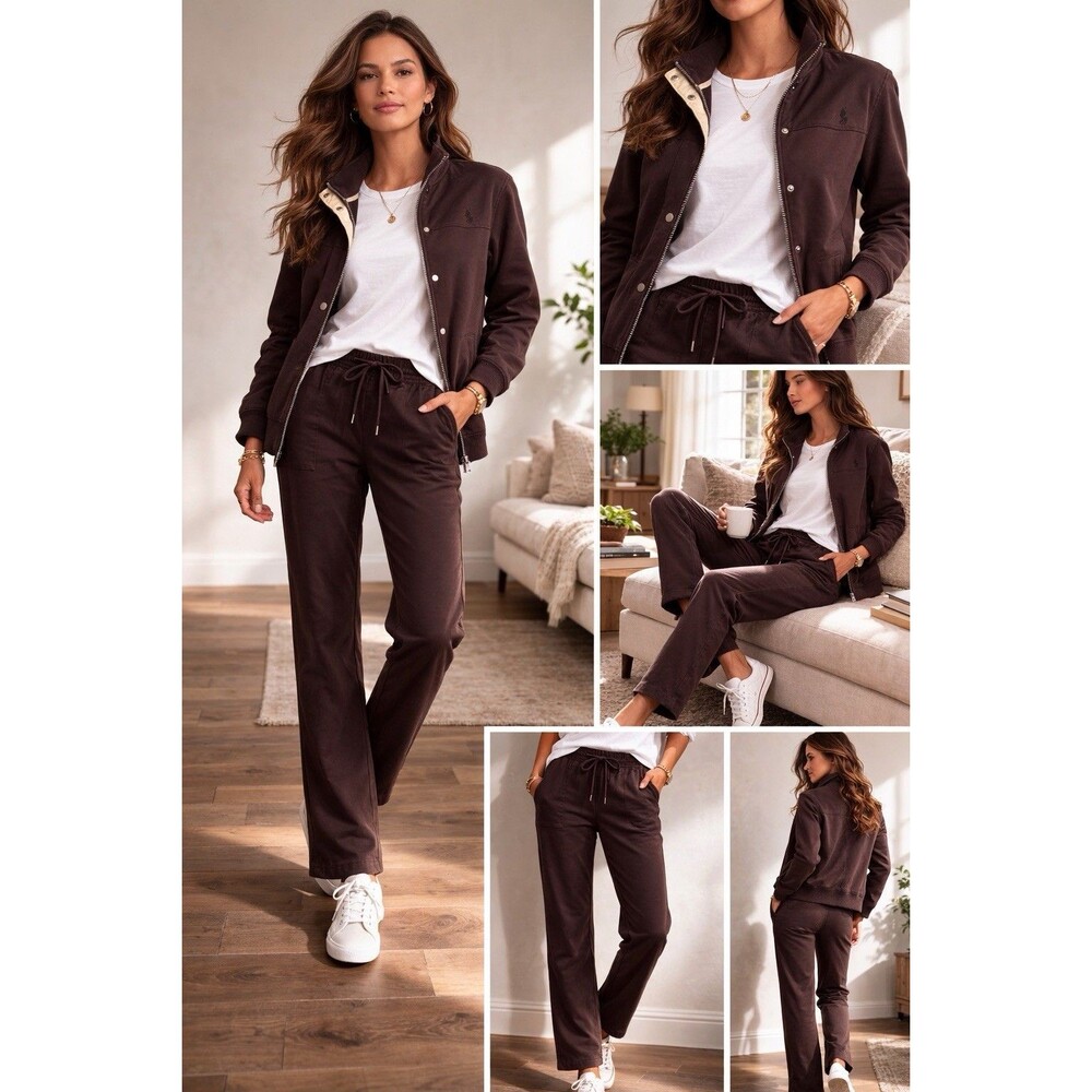 Lauren Ralph Lauren Cotton Lounge Set Zip Snap Jacket Draw String Pants Size M